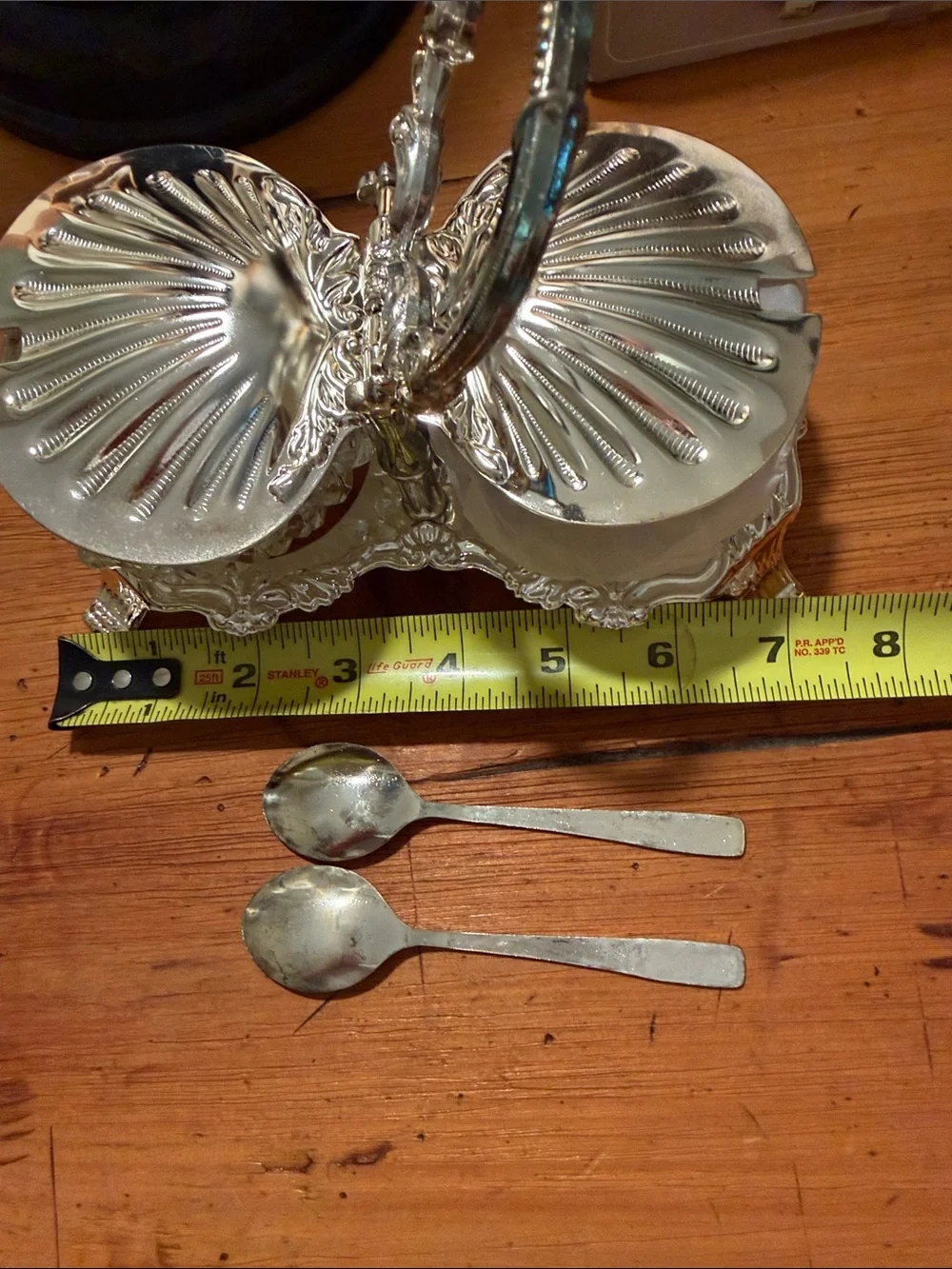 Vintage HUGO Silver-plate Double Condiment Server with Shell Lids and Spoons